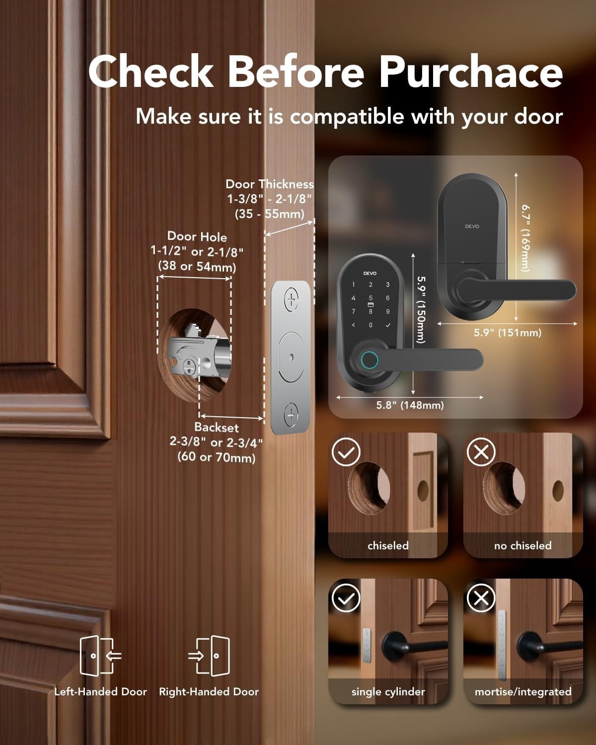 Devo Smart Door Lock with Handle for Front Door Smart Deadbolt Fingerprint Wi-Fi