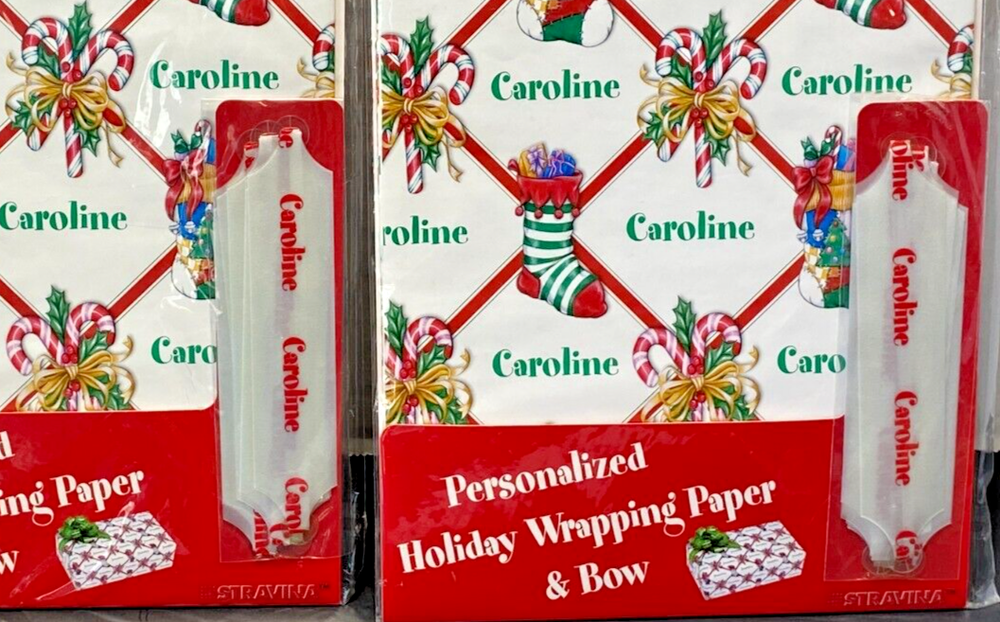 CAROLINE Personalized Holiday Gift Wrap, Christmas Wrapping Paper with Pull Bow