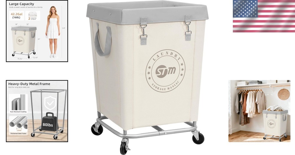 Durable Canvas Laundry Hamper with Heavy Duty Wheels and Button Closure 31"H