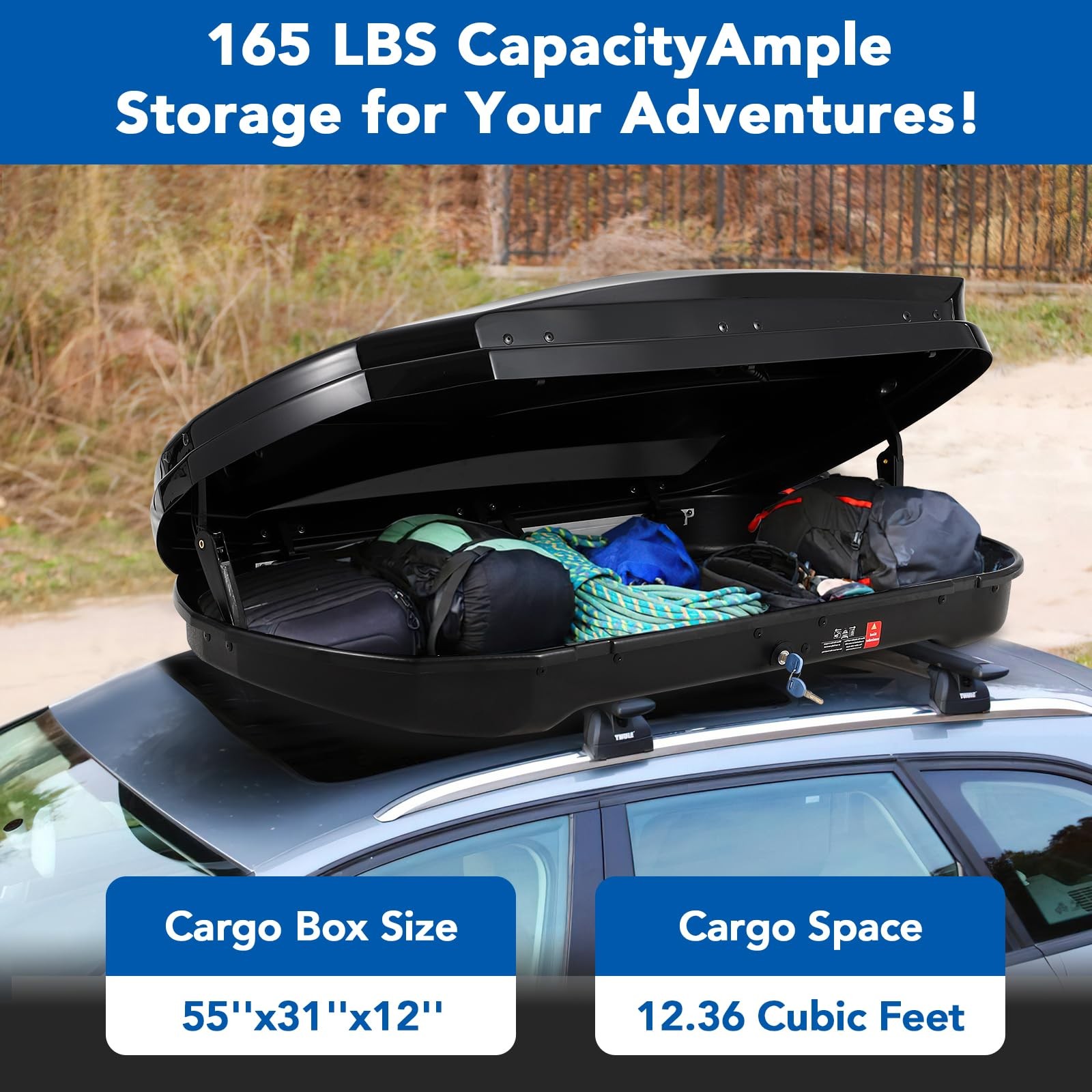 Rooftop Cargo Box Carrier, 12.36 Cu. Ft Hard Shell Roof Mount Luggage Storage
