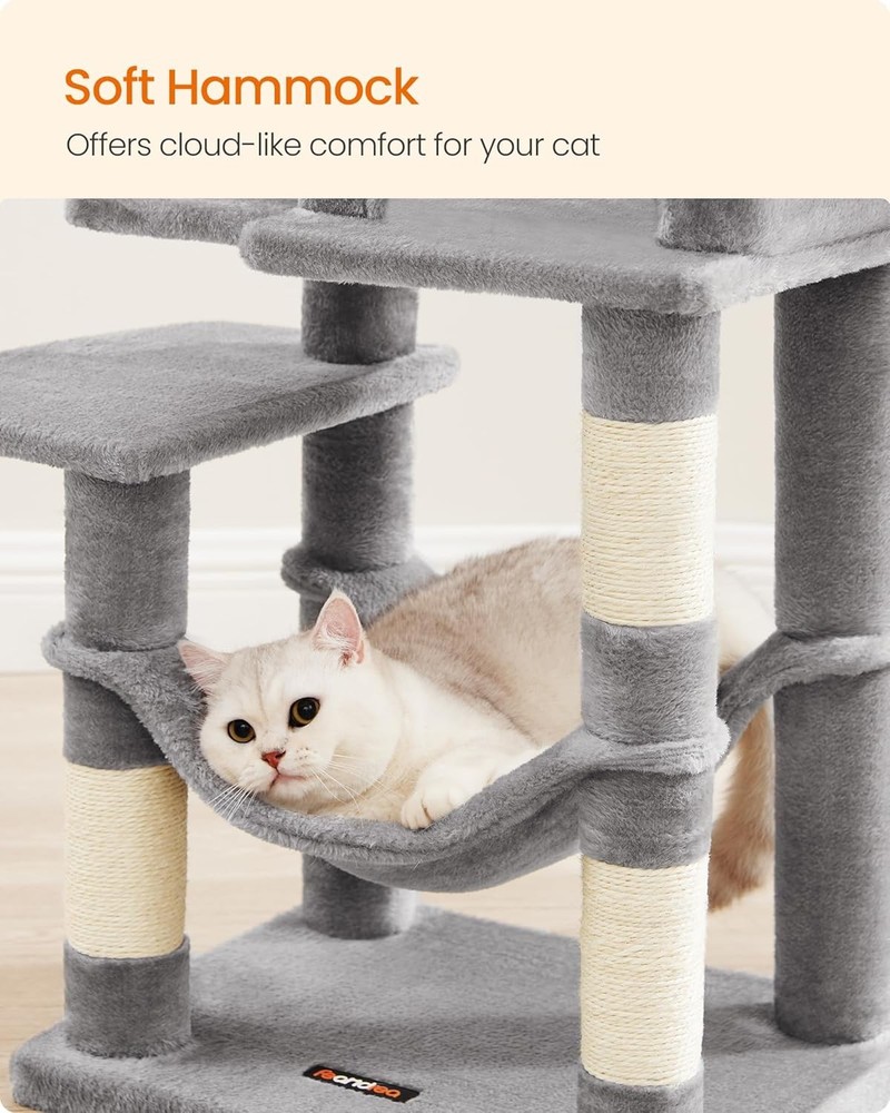 Feandrea 44.1" Cat Tree 🐱 Multi-Level Tower, Hammock, Cave, Scratching Posts