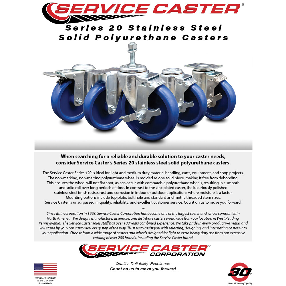 3 Inch SS Solid Polyurethane Swivel 3/8 Inch Threaded Stem Caster Set Brake SCC