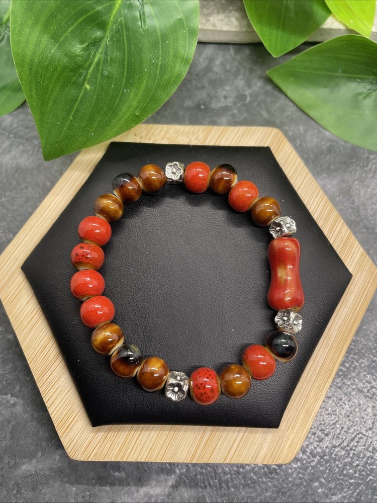 Handmade Ceramic Bead Beaded Stackable 6” Plus Stretch Bracelet New B301