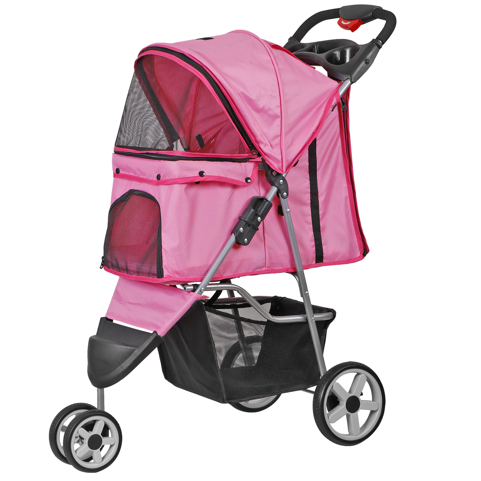 3 Wheels Pet Stroller Foldable Dog Stroller Cart Cat Carrier w/Cup Holder Pink