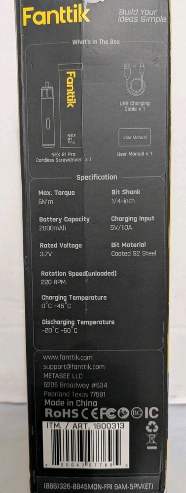 Fantik Cordless Screwdriver W/ Bits And Case Black