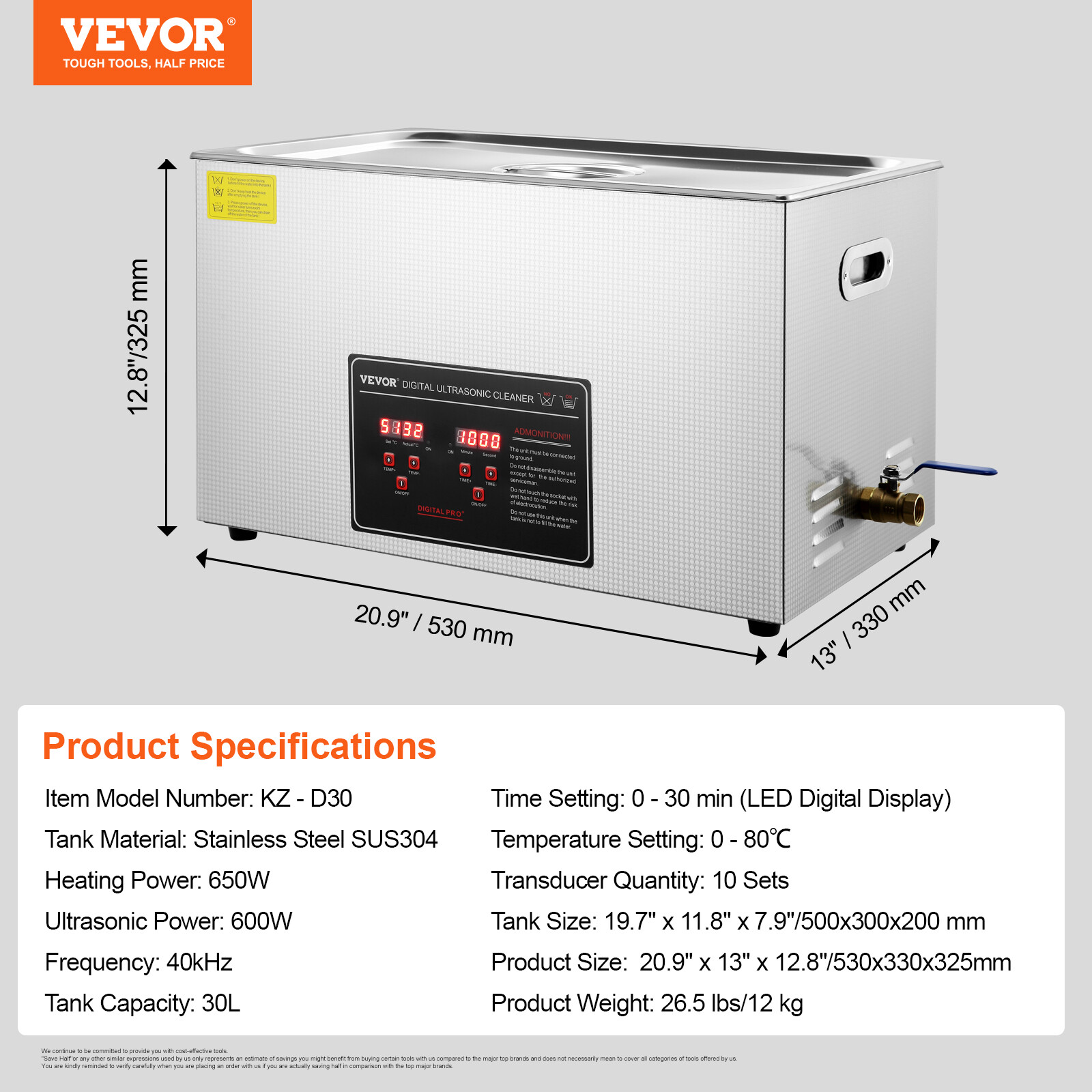 VEVOR 30L Ultrasonic Cleaner with Timer Heating Machine Digital Sonic Cleaner
