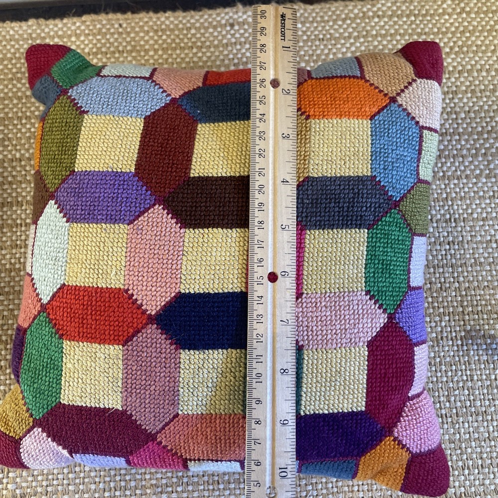 Needlepoint Pillow Geometric Mid Century Approx 10 x 10.5” Solid Red Backing Zip