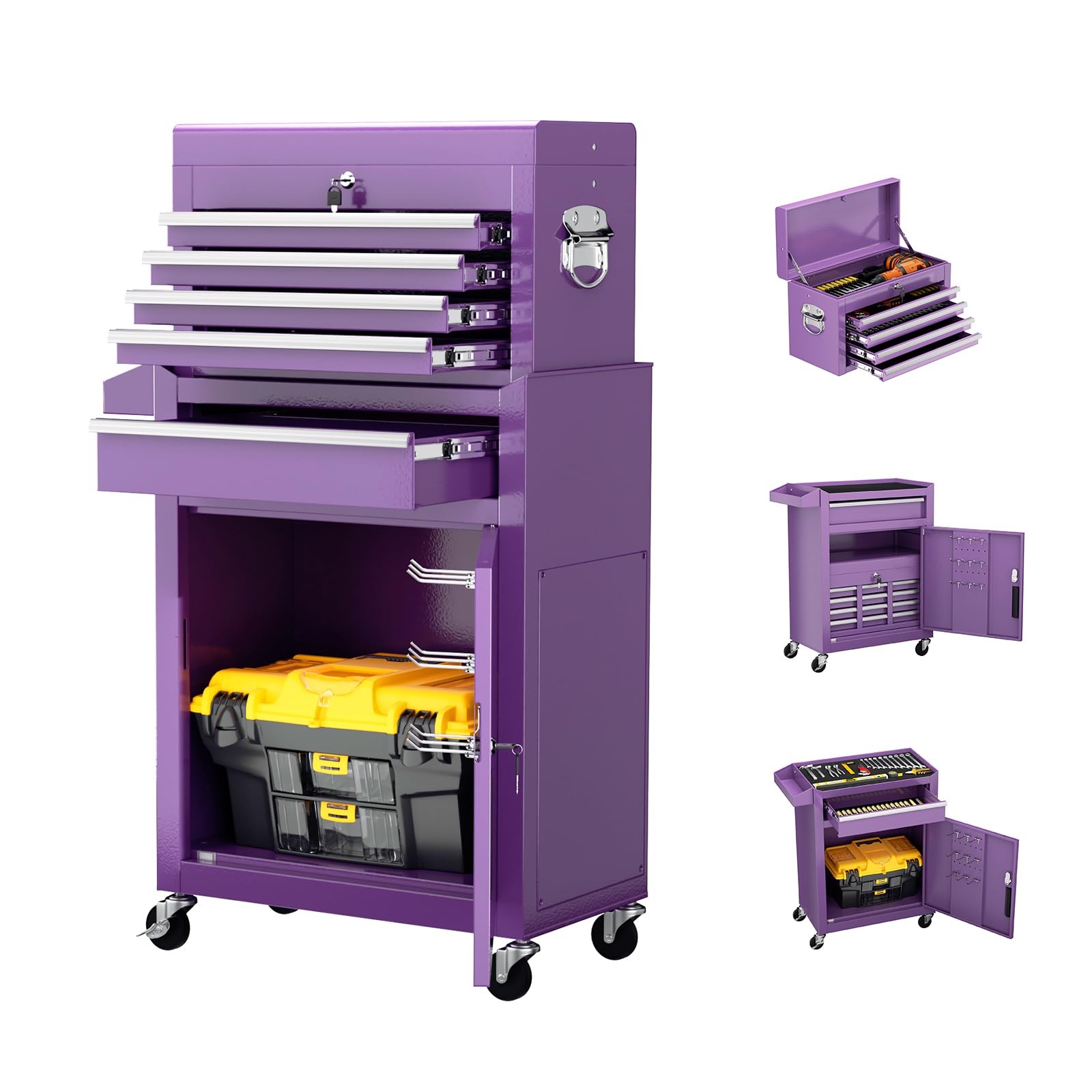 5-Drawer Rolling Tool Chest with Wheels, 2-in-1 Detachable Tool Box with Drawers