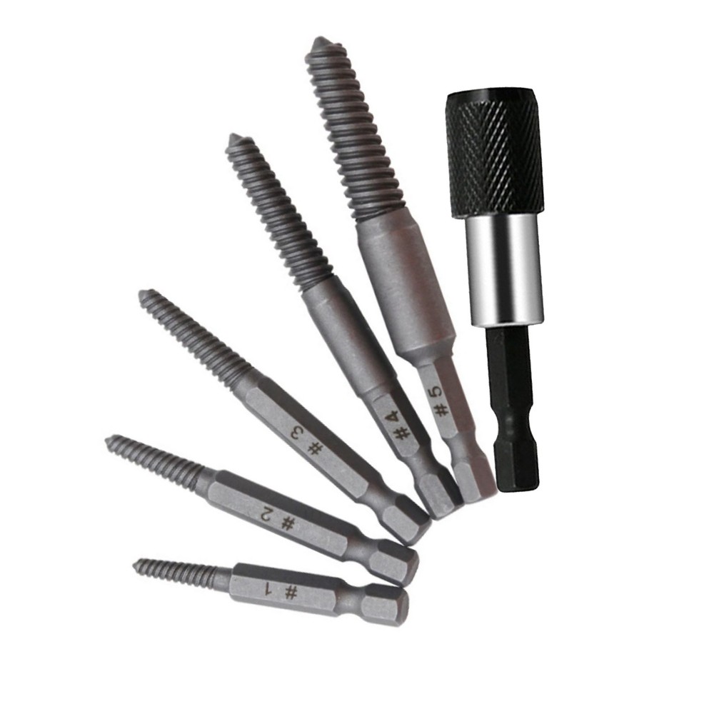 Woodworking hex shank headless screw extractor kit includes 5 different-size