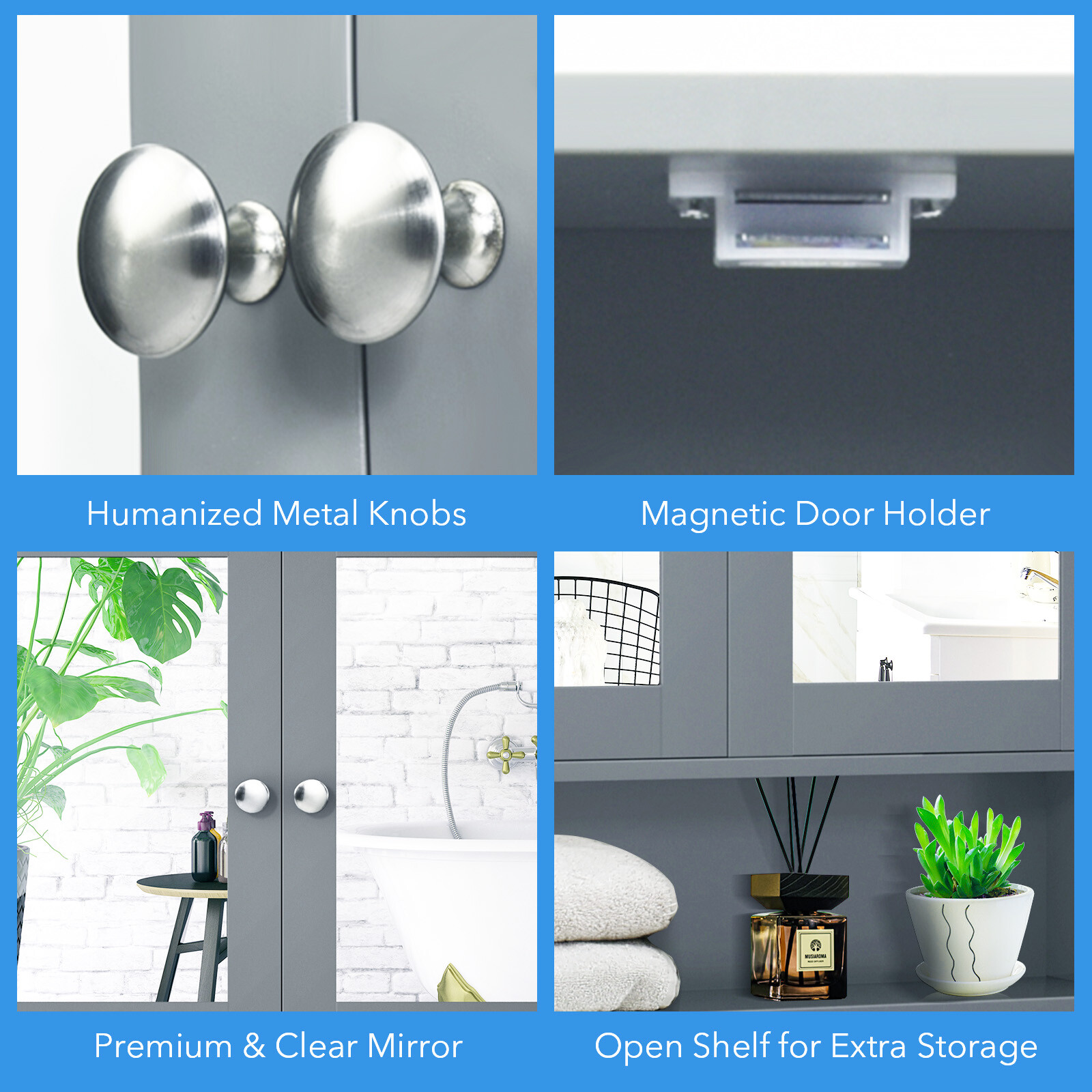 Costway Wall Mount Mirror Cabinet Bathroom Medicine Cabinet Organizer Grey