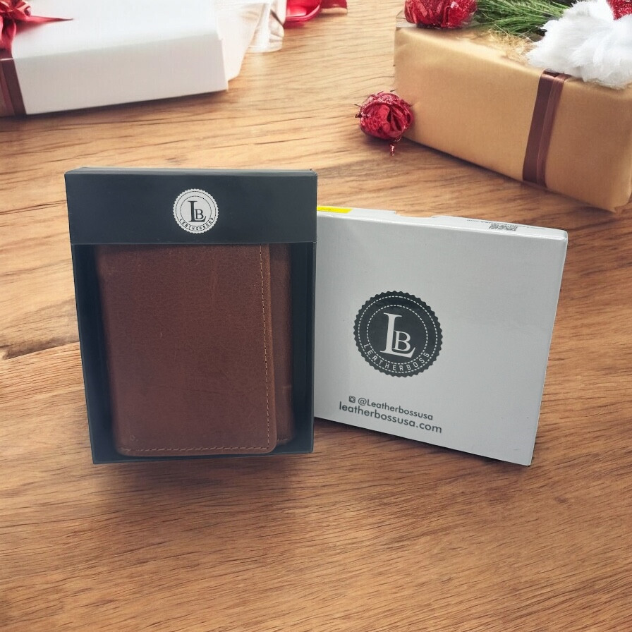 Leatherboss Mens RFID Blocking Hunter Leather Credit Card ID Trifold Wallet