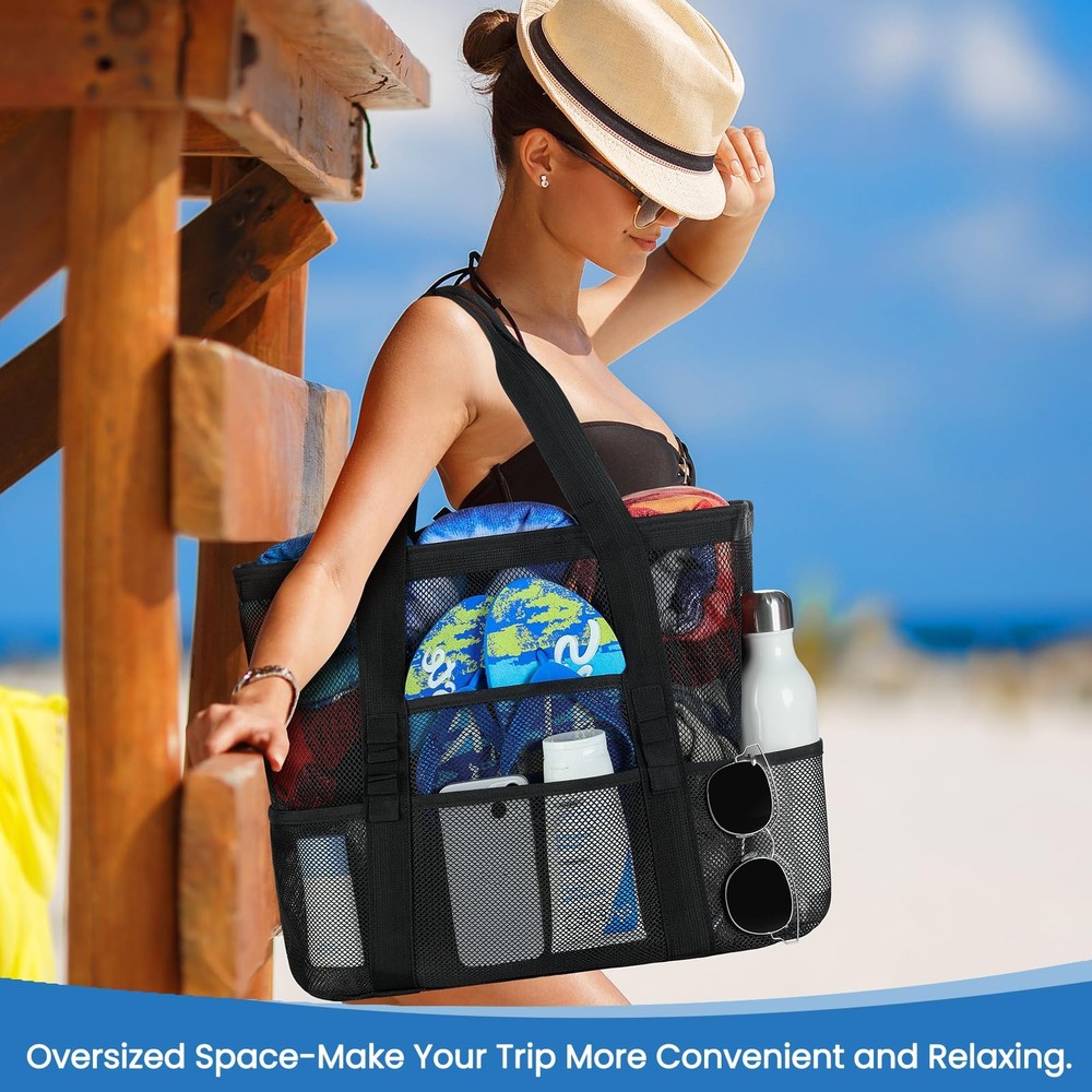 Ymomode Beach Bag - Mesh Large 8 Pockets, Tote Large, Black