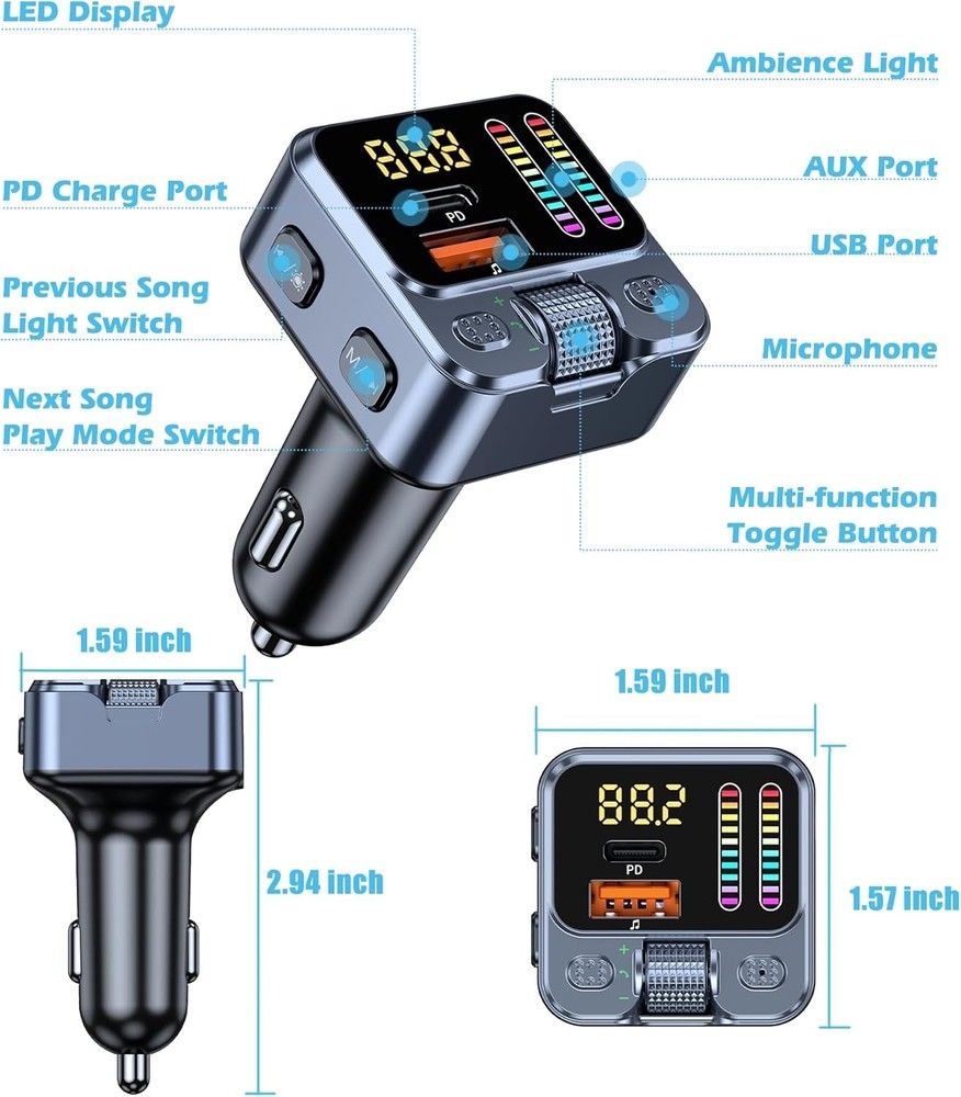 All-in-One Bluetooth 5.3 Car Adapter: FM Transmitter, Charging, and LED Lights