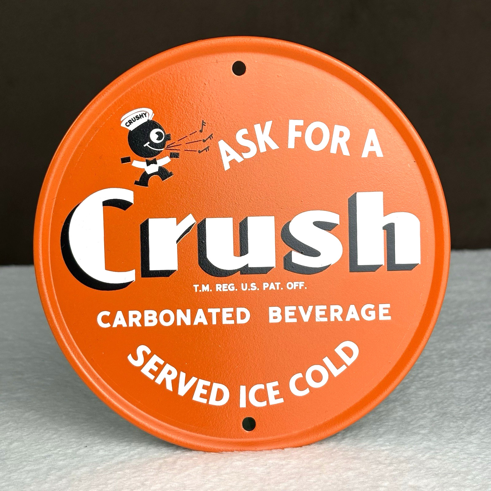 Vtg Orange Crush Crushy Mascot 'Ask for a Crush' Soda Pop Metal Advertising Sign