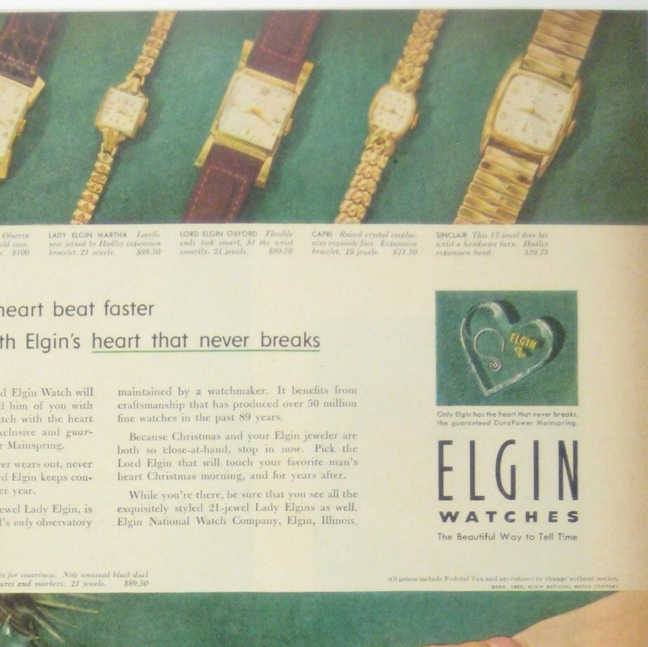 Vintage 1953 Elgin Watches Print Ad Gift Holly Christmas Xmas AD