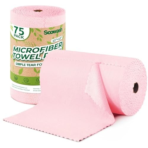 Microfiber Cleaning Cloths Roll, 75 Pack Tear Away Microfiber 75 pack Pink