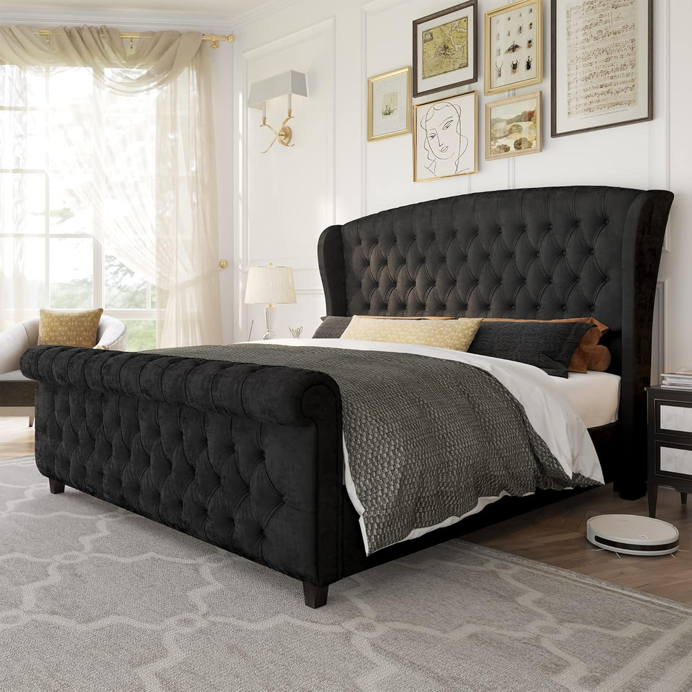 King Size Platform Bed Frame, Velvet Upholstered Sleigh Bed with Scroll Wingback