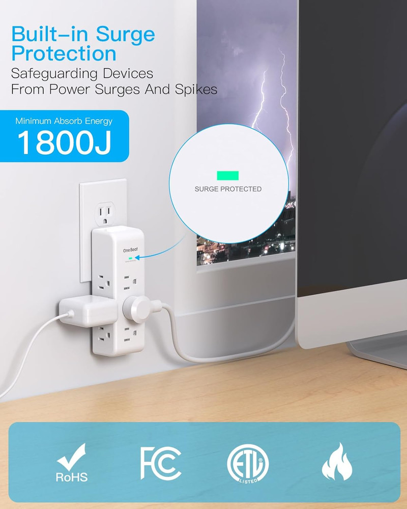 Surge Protector Outlet Extender with Rotating Plug, 9 AC Multi Plug Wall Outlet