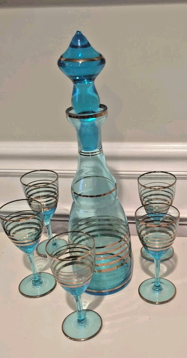 MCM Vintage Teal Blue & Gold Romanian Glass Decanter 4 Cordial Glasses 7 pc Set