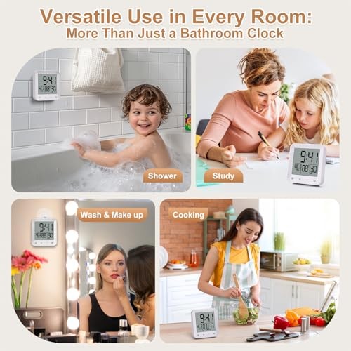 Waterproof Shower Clock with Timer, Bathroom Wall Clock Displaying White