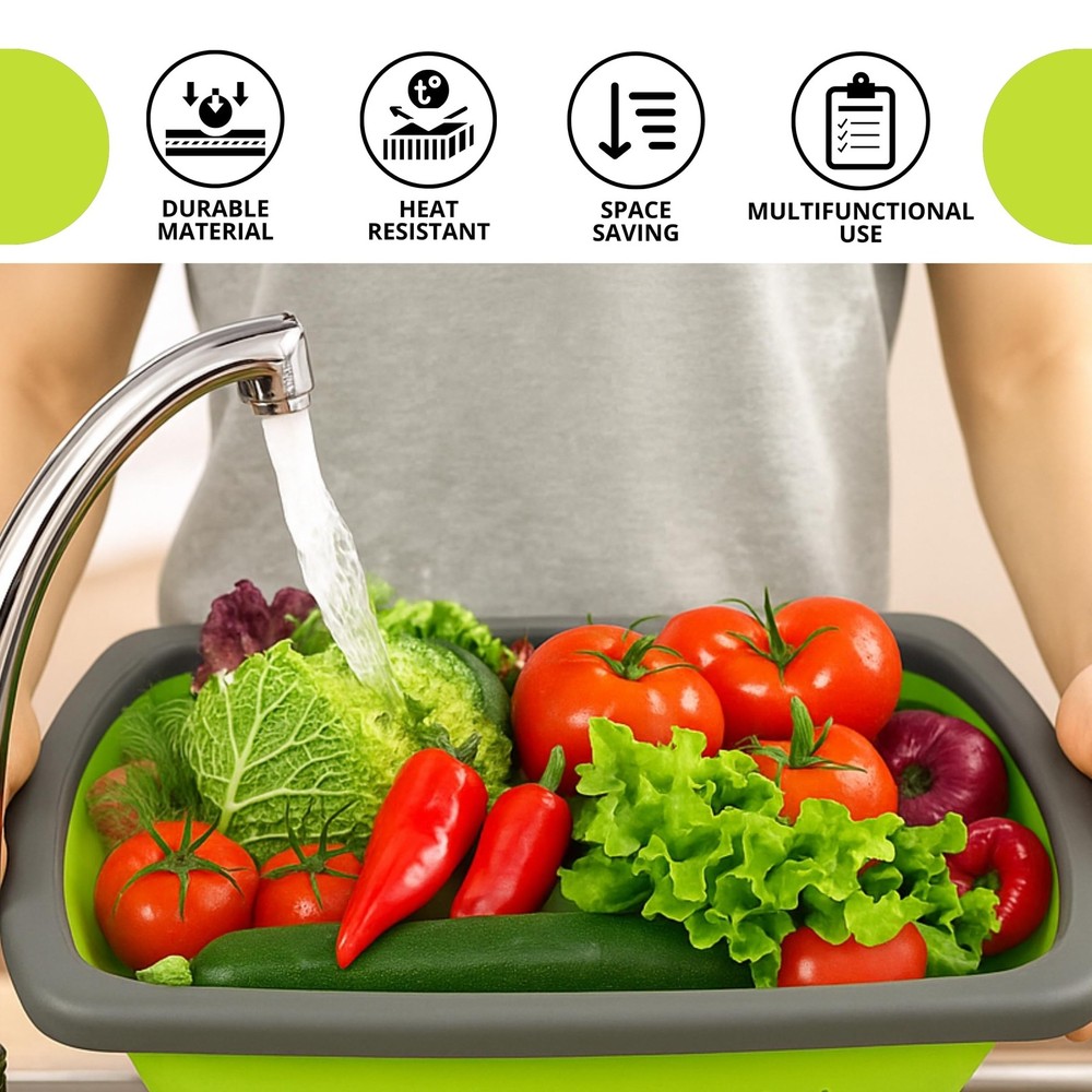 3PCS Green Foldable Kitchen Strainer Set – Silicone Colander Collapsible Stra...