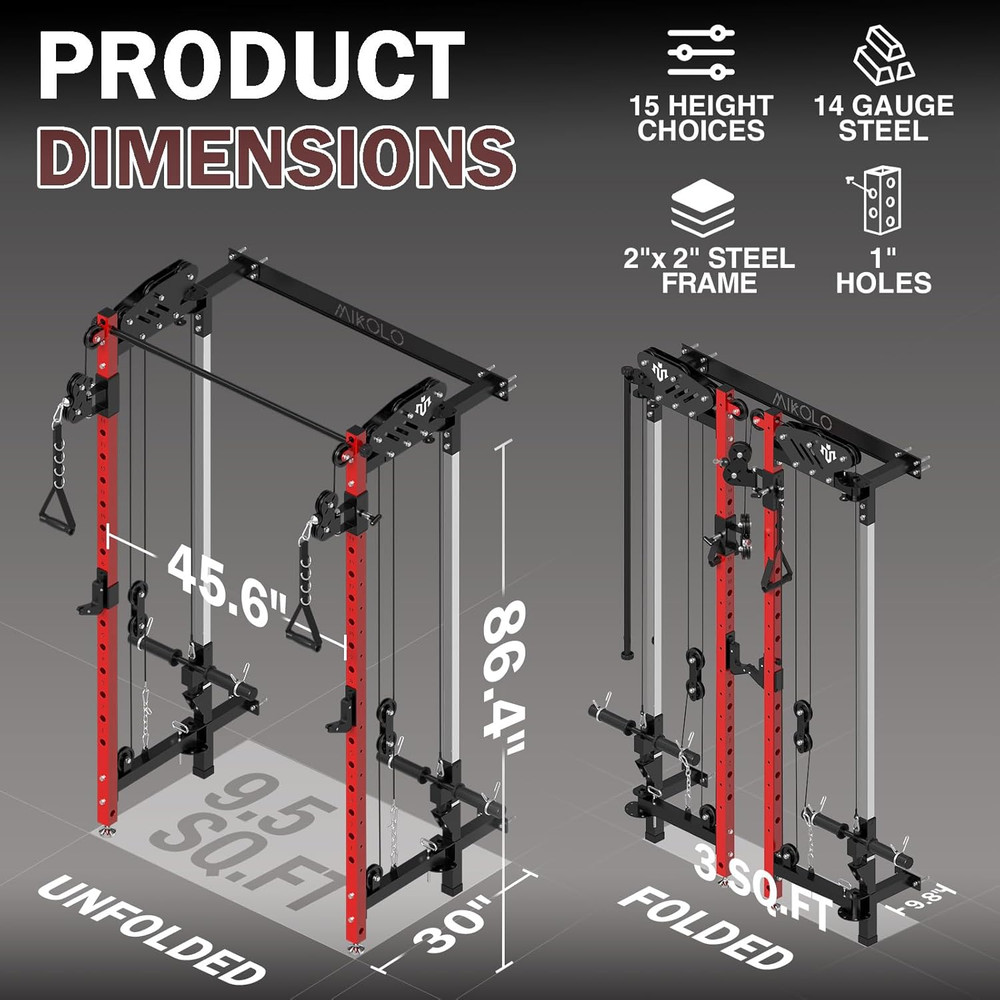 Mikolo Folding Squat Rack, Wall Mounted Power Rack with Cable Crossover Machine
