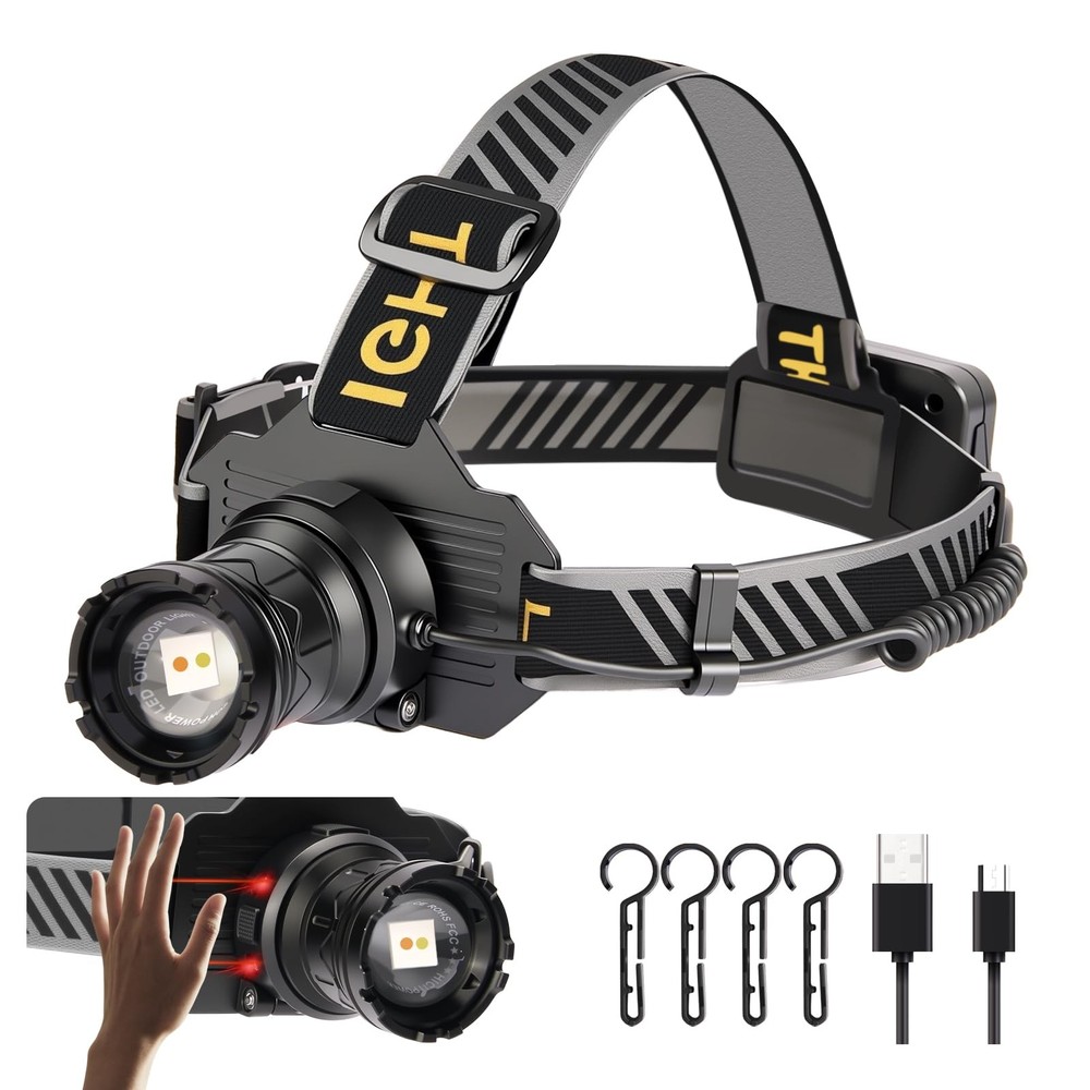 LED Headlamp Rechargeable with Motion Sensor Head Lights for Forehead USB C P...