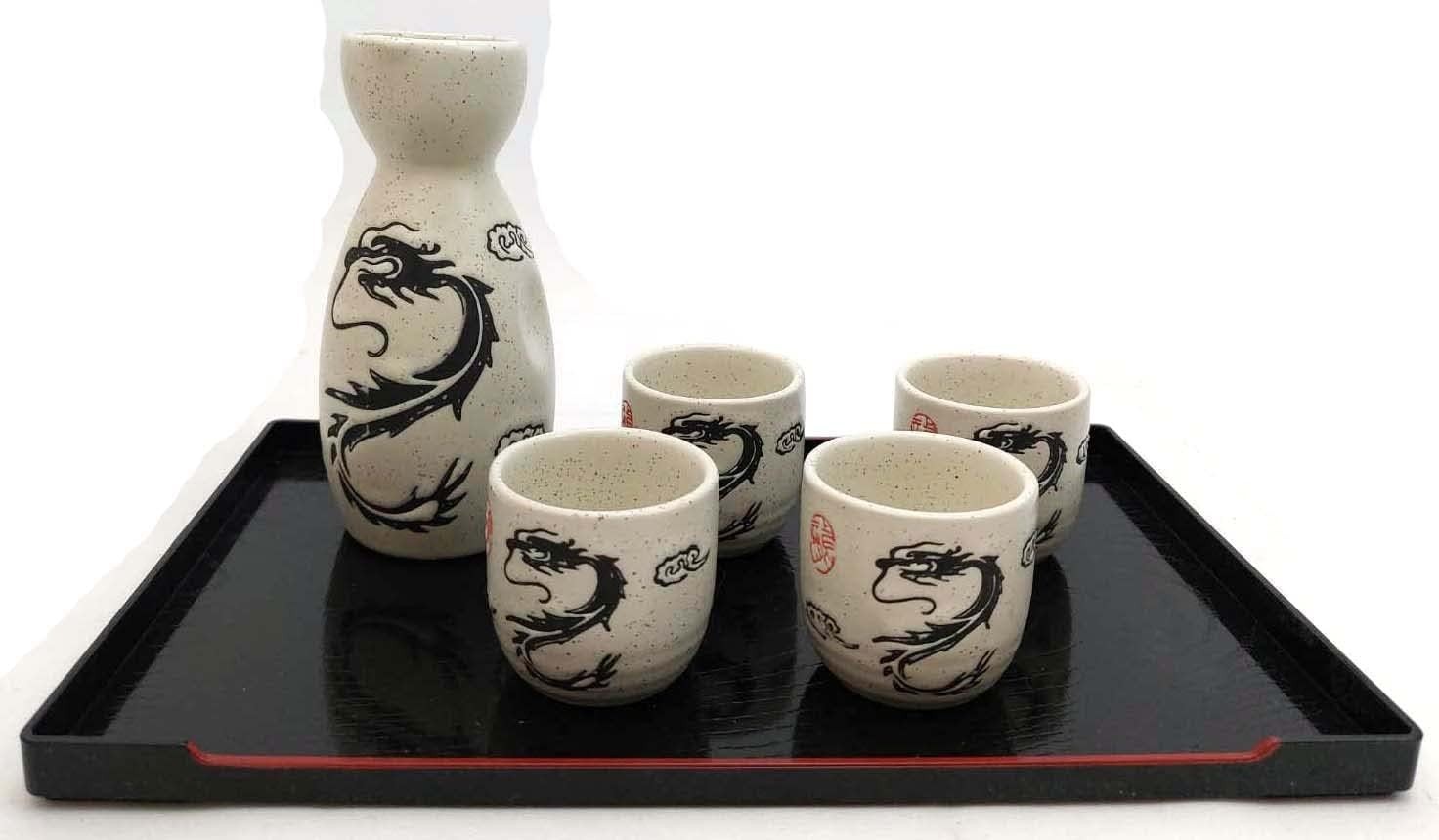 White Dragon Porcelain Sake Set Bottle Cups Saki Set Microwave Safe 5 oz S-4912