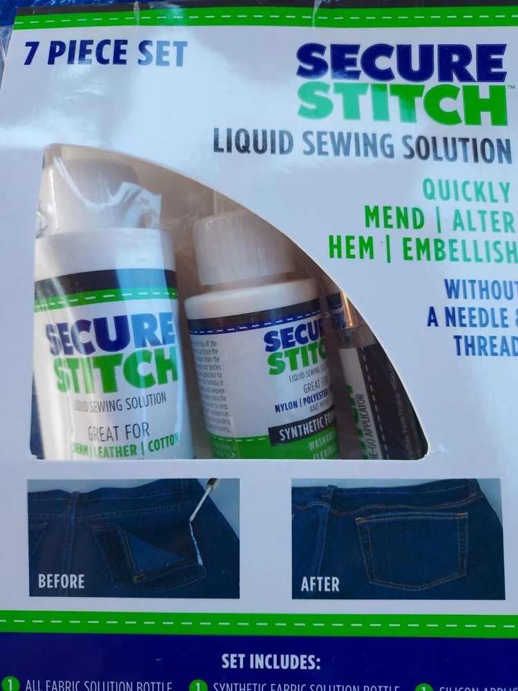 Secure Stitch Liquid Sewing Solution 7 Piece Kit Fabric Glue That Quickly Mends!