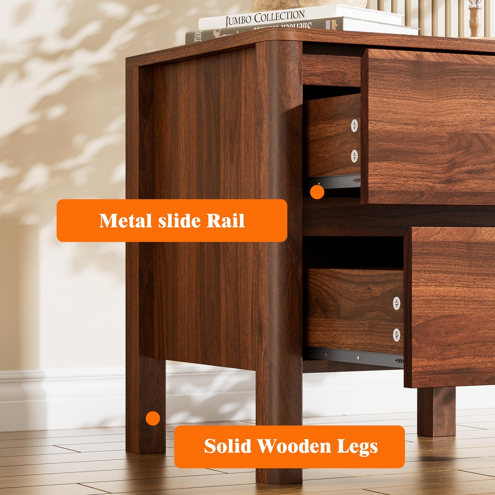 Mid Century Walnut Nightstand with 2 Drawers Modern Wooden Bedside Table