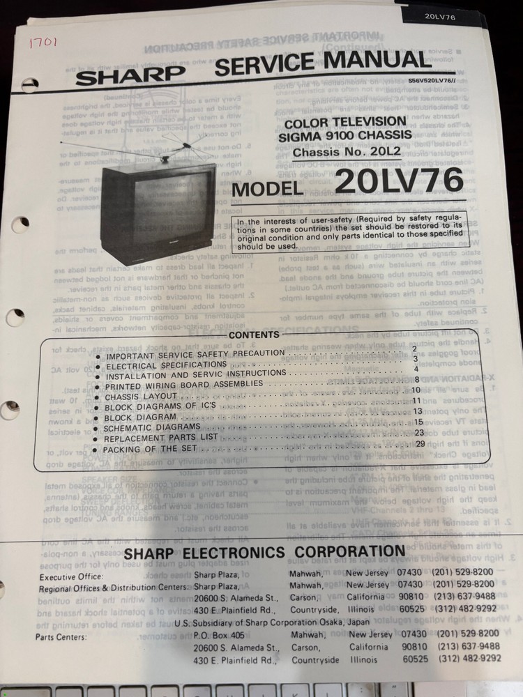 ORIG. SHARP 20LV76 Repair & Service Manual *ORIGINAL*