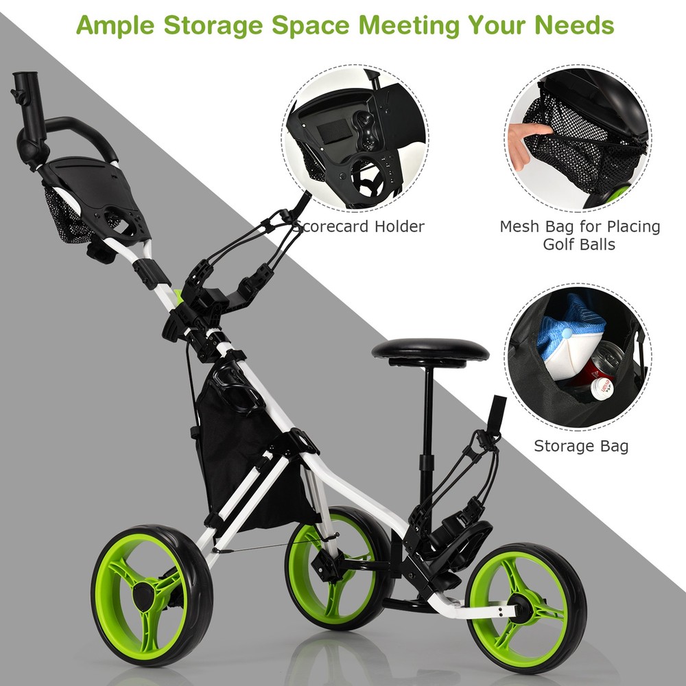 3-Wheel Foldable Golf Push Pull Cart Trolley w/ Seat Adjustable Handle Green