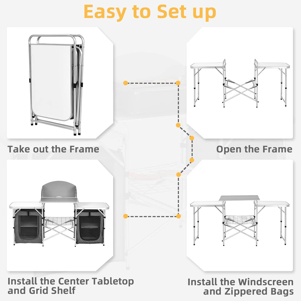 Camping Kitchen Station, Folding Grill Table with 26'' Tabletop, 2 Side Tables,