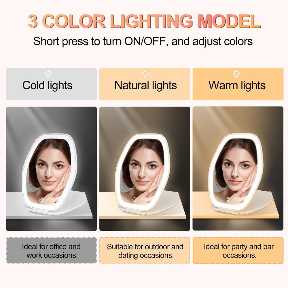 Portable Makeup Mirror with LED Light, Touch Screen, 3 Color Settings