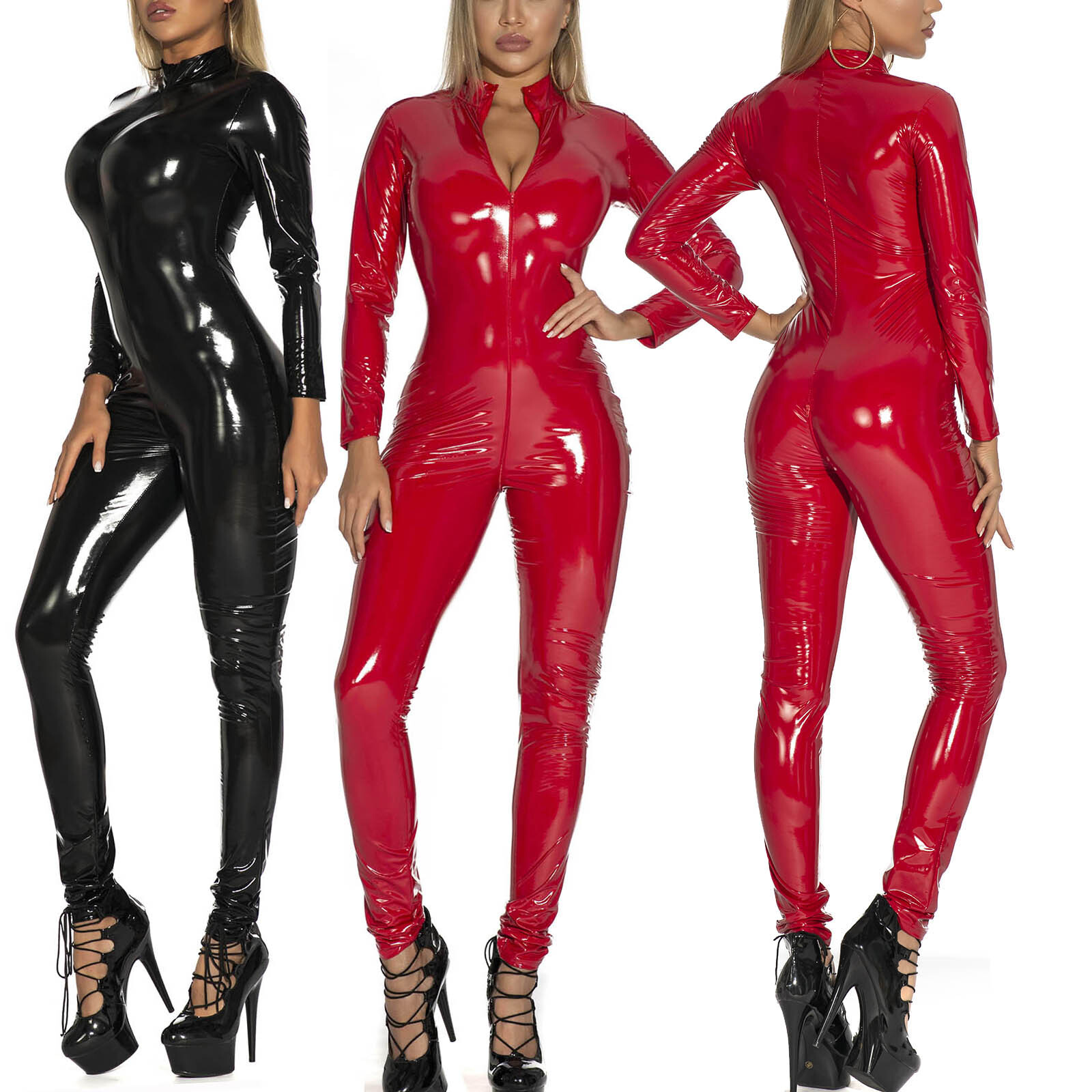 Womens Sexy Faux Leather Catsuit Latex Bodysuit Zipper Wet Look Leotard Jumpsuit