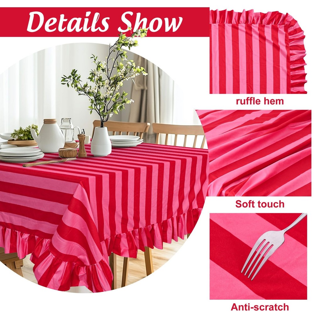 Ruffle Tablecloth Table Cloth Boho Pink Red Striped Rectangle Decorative Tabl...