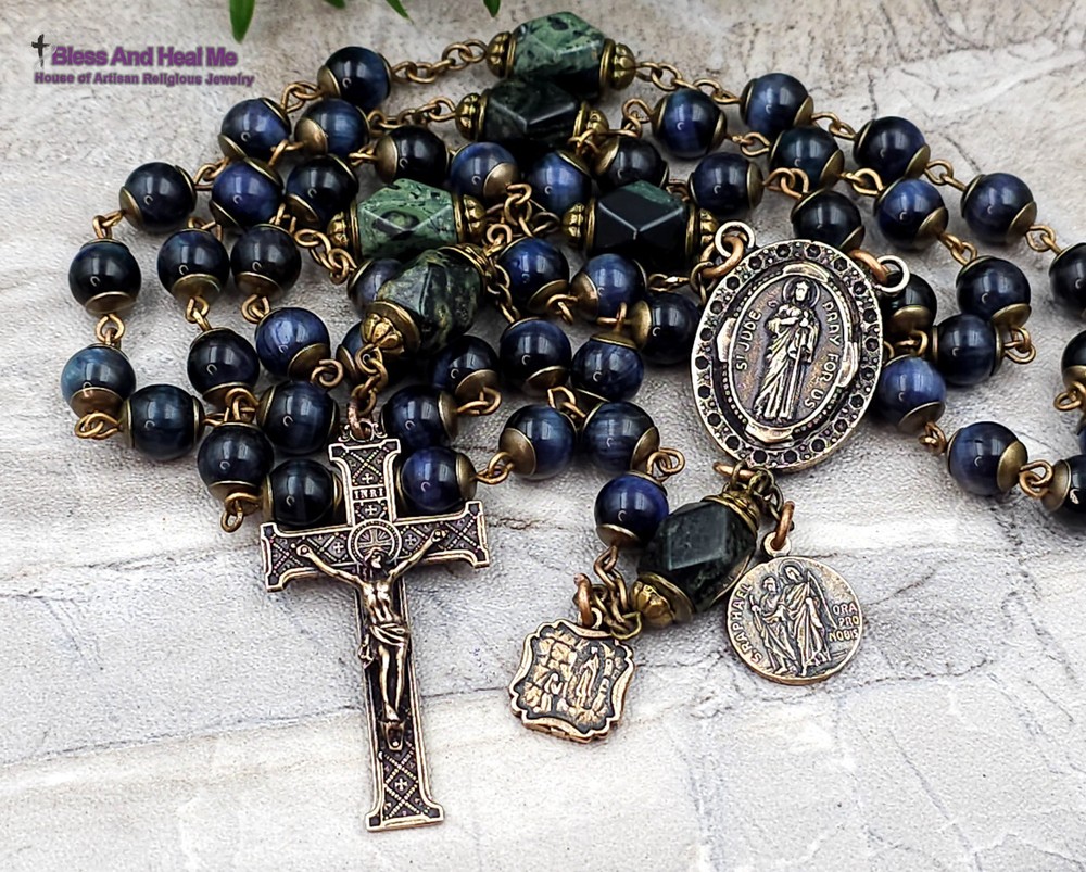 St Jude Raphael Lourdes Blue Tiger Eye Vintage Bronze Rosary