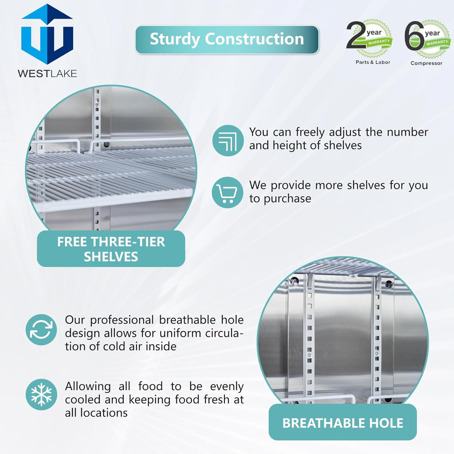 Commercial Reach In Freezer, WESTLAKE 72 Inch Commercial Freezer 3 Door 54 Cu.ft