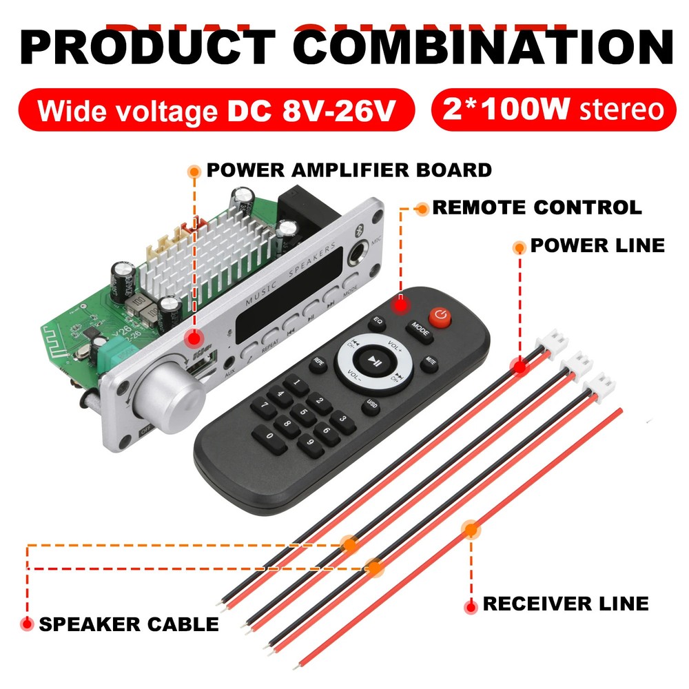 200W Bluetooth Amplifier DIY MP3 WAV Decoder Board - Wireless 12V Power