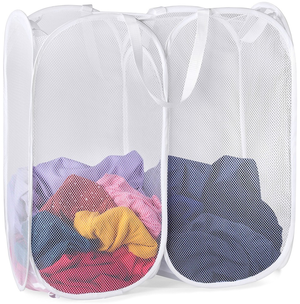 Handy Laundry Mesh Popup Hamper - Two Compartments, Double Hamper, White
