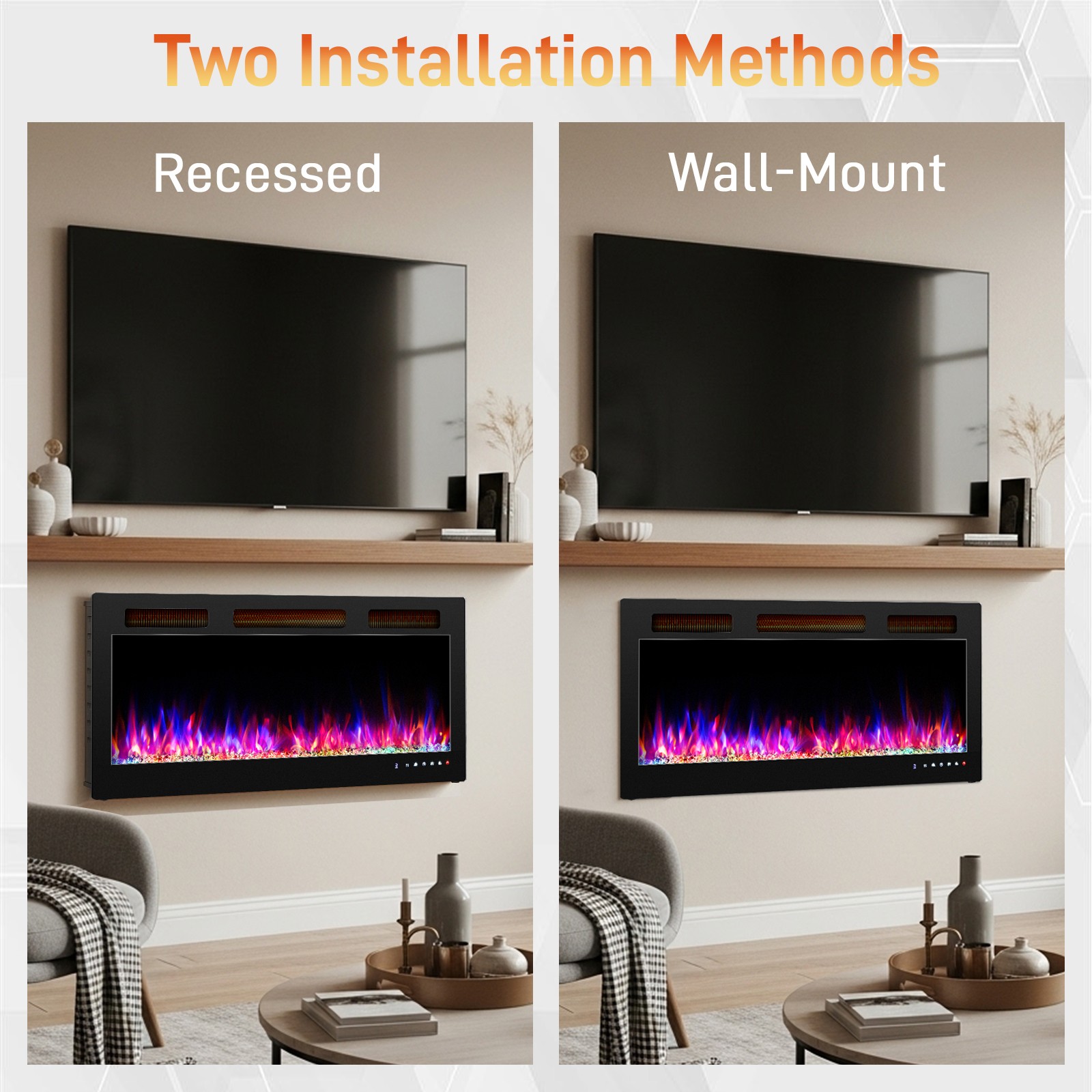 42" Ultra-Thin Electric Fireplace Wall Mounted&Recessed Heater W/ Remote Control