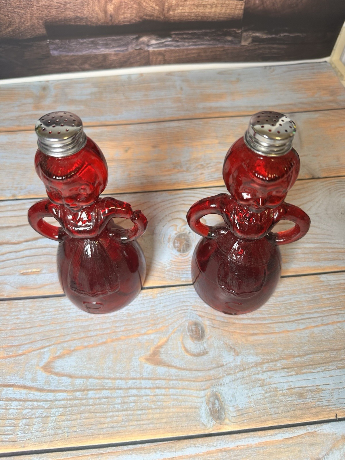 Vintage Ruby Red Glass Merry Maid Salt Pepper Shakers Set Taiwan Figural