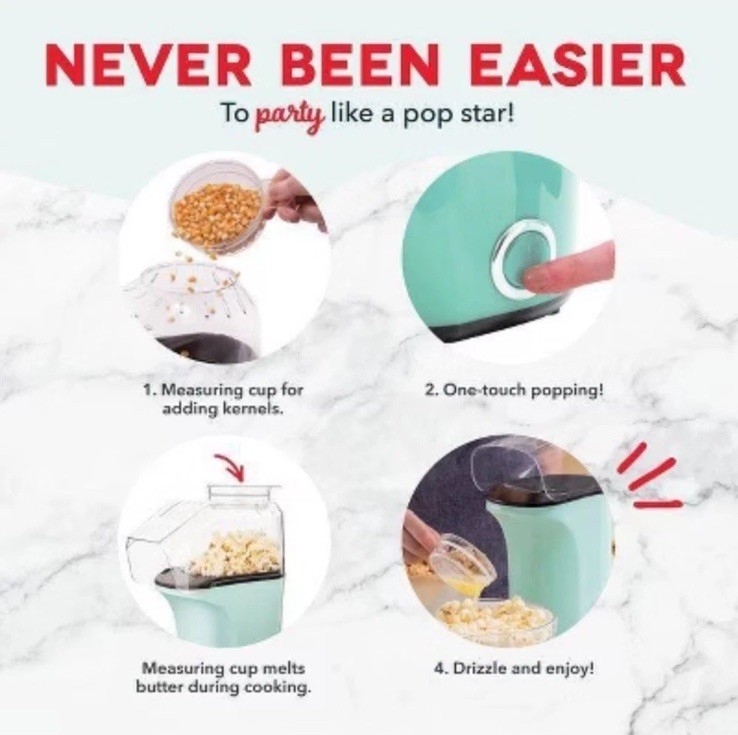 Dash 16-Cup Electric Popcorn Maker - 1400W, 8 Kernel Capacity, Aqua, Easy Clean