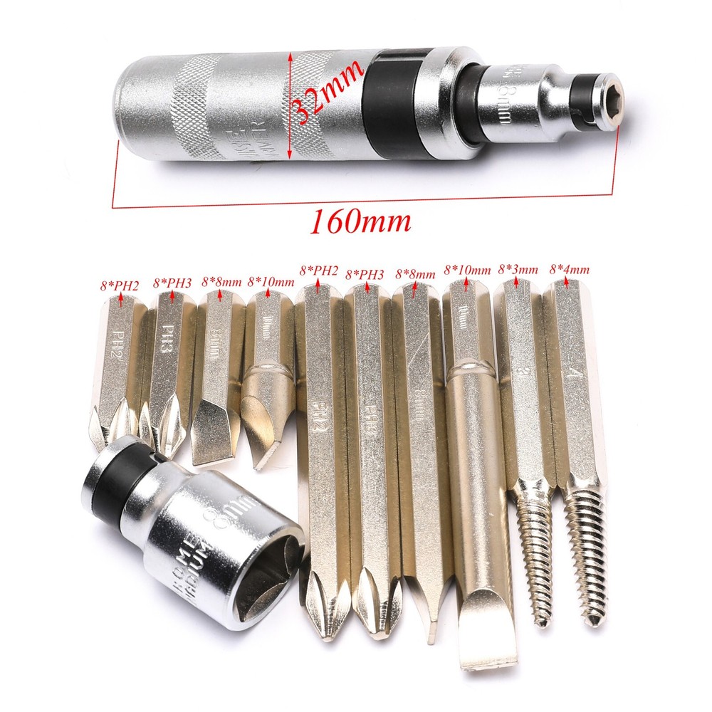 12PCS/Set Impact Screwdriver Kit Heavy Driver Hammer Screw Socket Drive Bit Tool