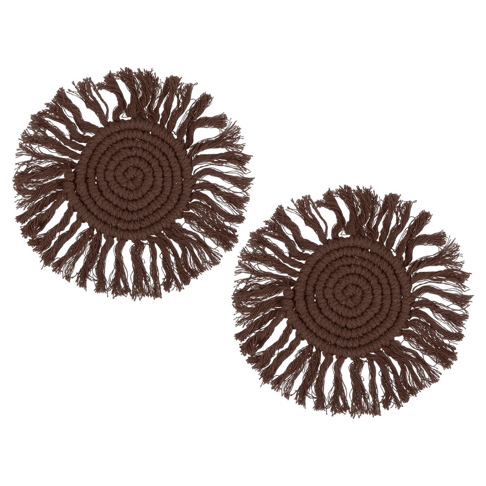 2Pcs Boho Coasters, Woven Drink Coasters with Tassel, Chocolate