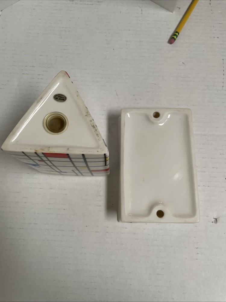 Piet Mondrian style triangular ceramic toothbrush holder and soap dish