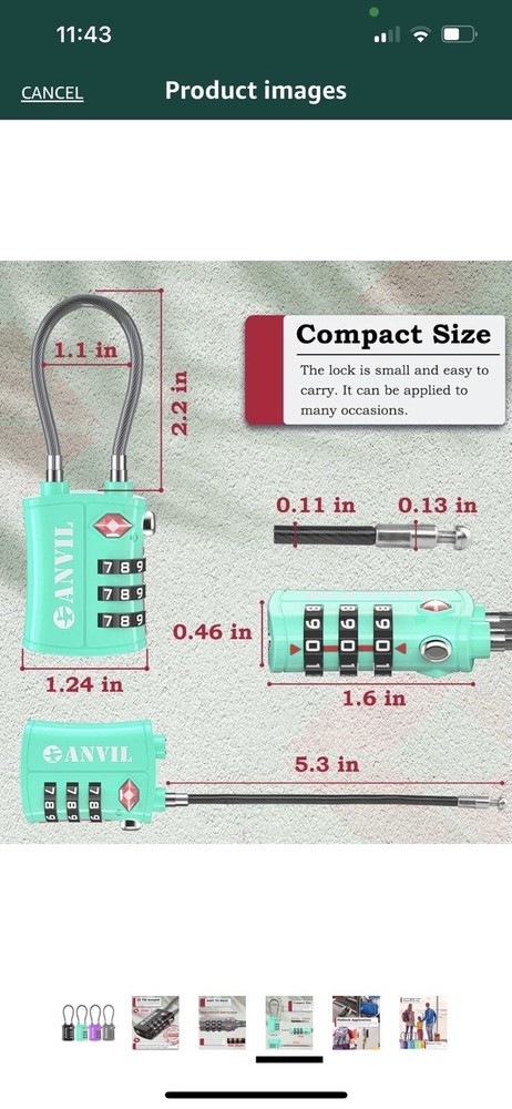 ANVIL TSA Approved Cable Luggage Locks 3 Digit Combination Padlock, C14