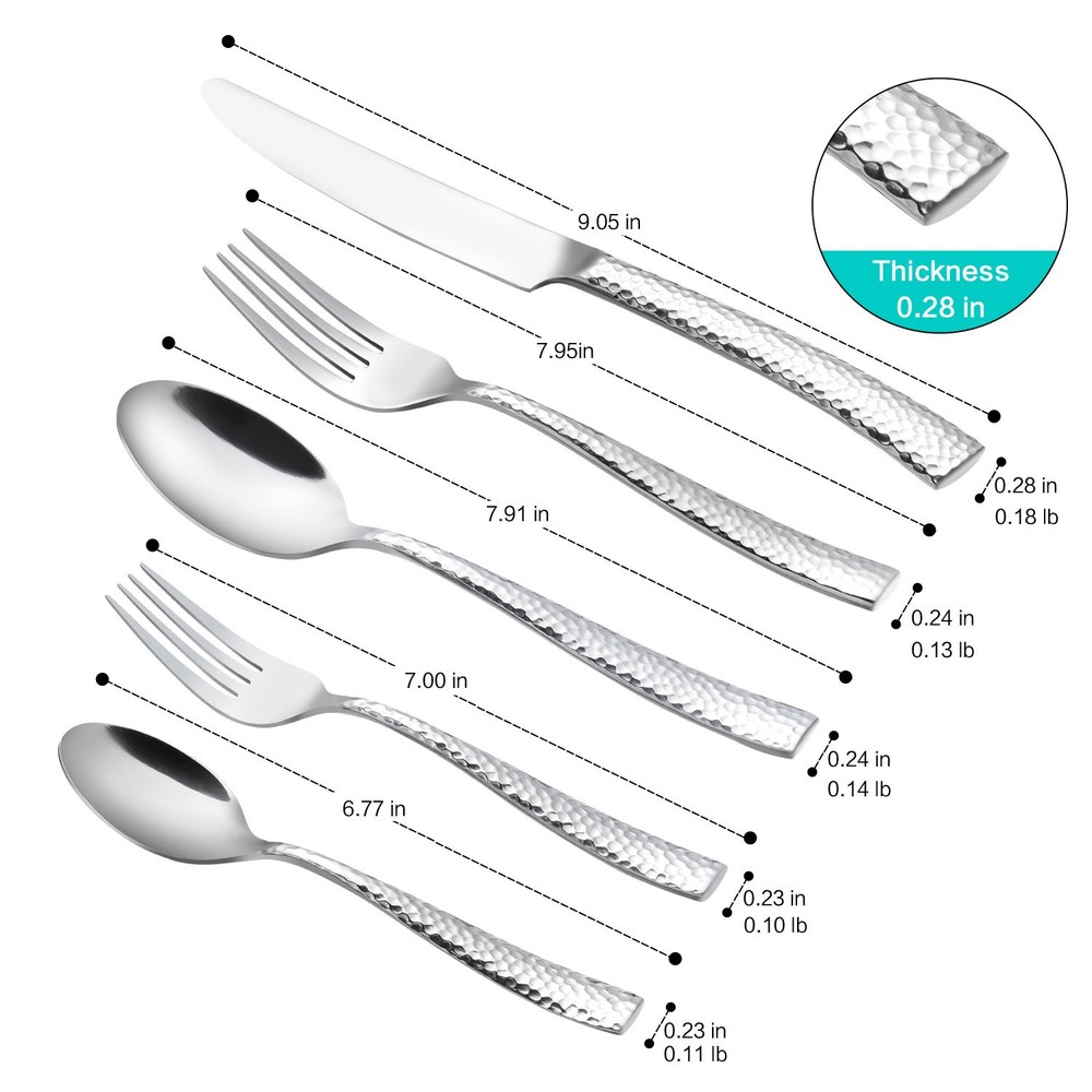 Flatware Silverware Set Hammered Mirror Polished Stainless Steel 20 Piece Set...