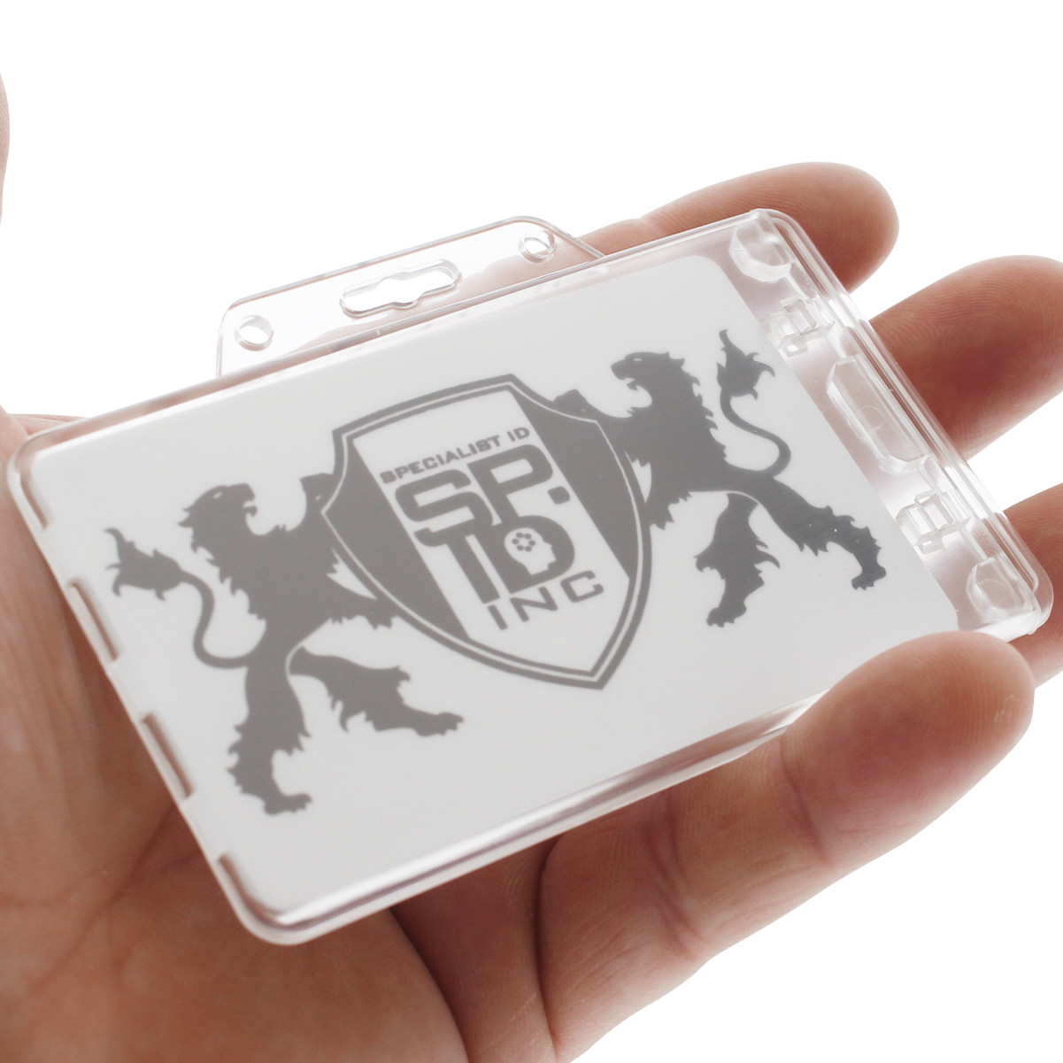 Clear Horizontal Permanent Locking ID Card Badge Holder - HD Hard Rigid Plastic