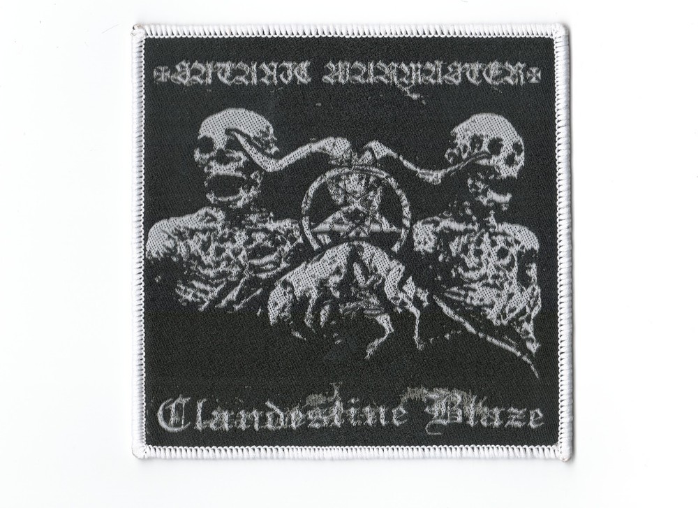 SATANIC WARMASTER , CLANDESTINE BLAZE, SEW ON WHITE BORDER WOVEN PATCH